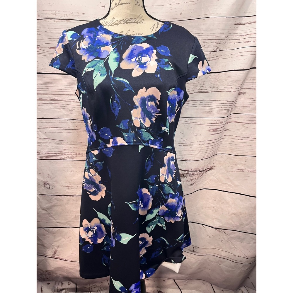 Vince Camuto Women Navy Blue Floral Scuba Fit and Flare Cap Sleeve Dress Size 14